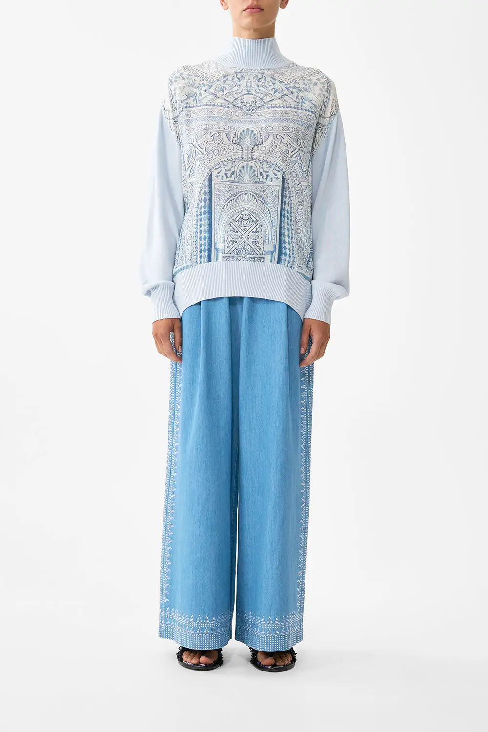 Silk Front Turtle Neck Knit Top