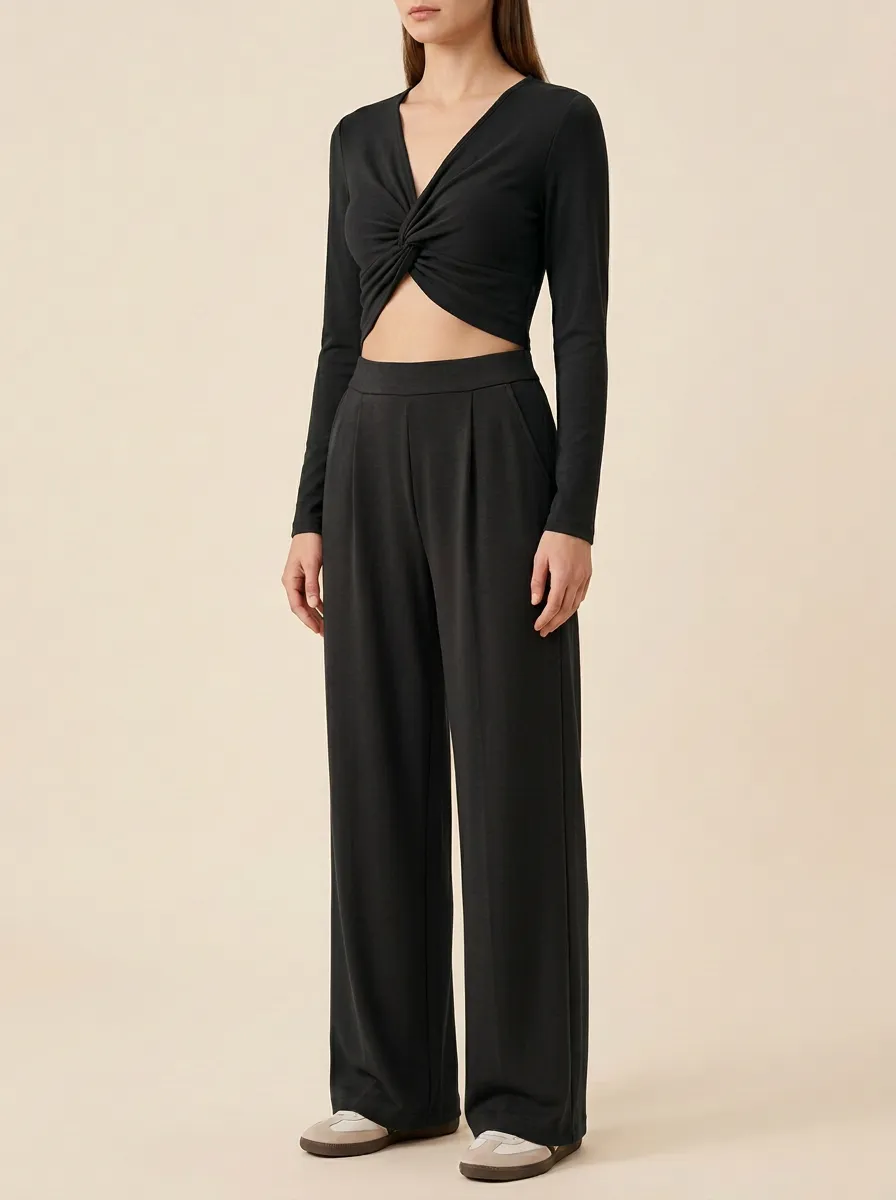 Women's Twist-Front V-Neck Crop Top and Pleated Wide-Leg Trouser Set