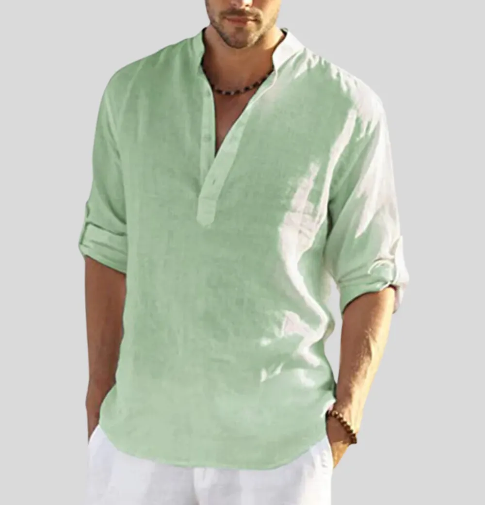Linen Henley Collar Long Sleeve Shirt