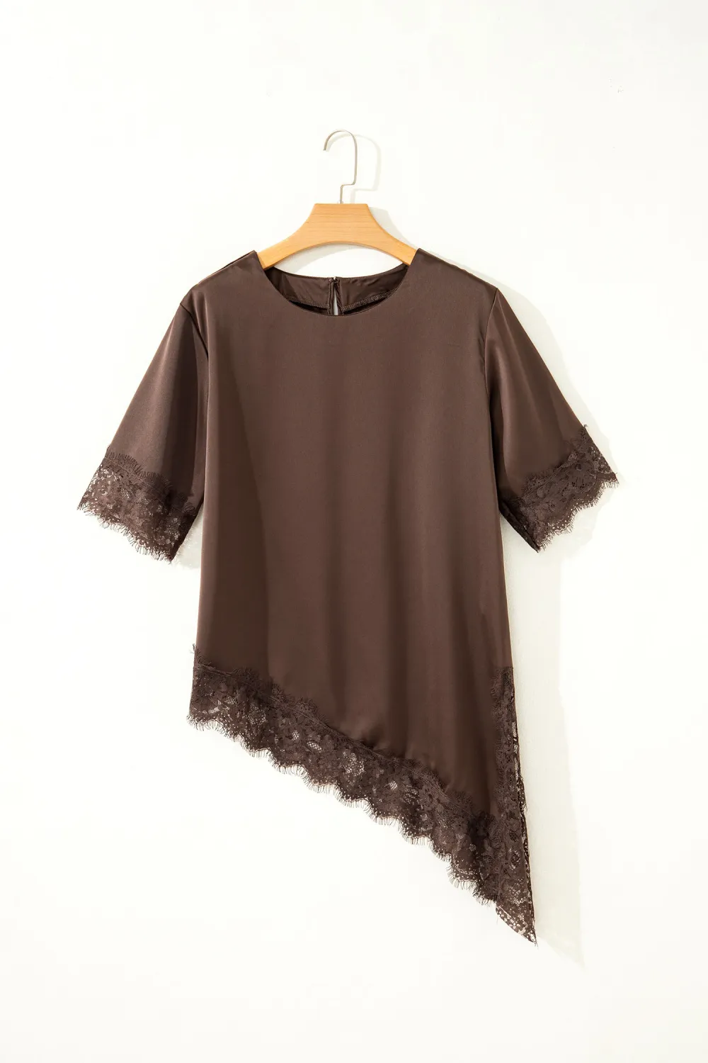 Coffee Asymmetric Lace Trim Short Sleeve Top