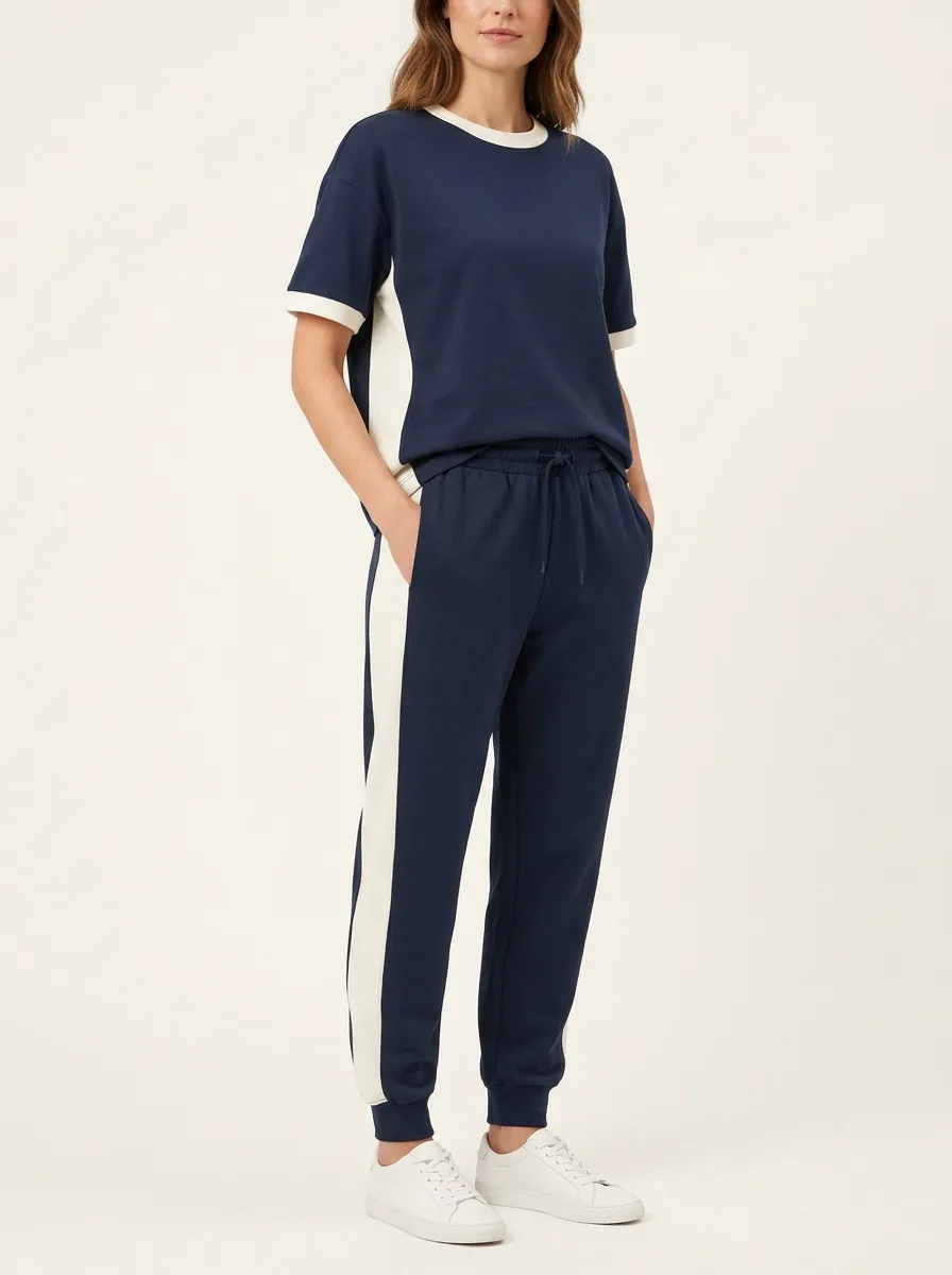 Women's Contrast-Trim Crewneck T-Shirt and Joggers Set