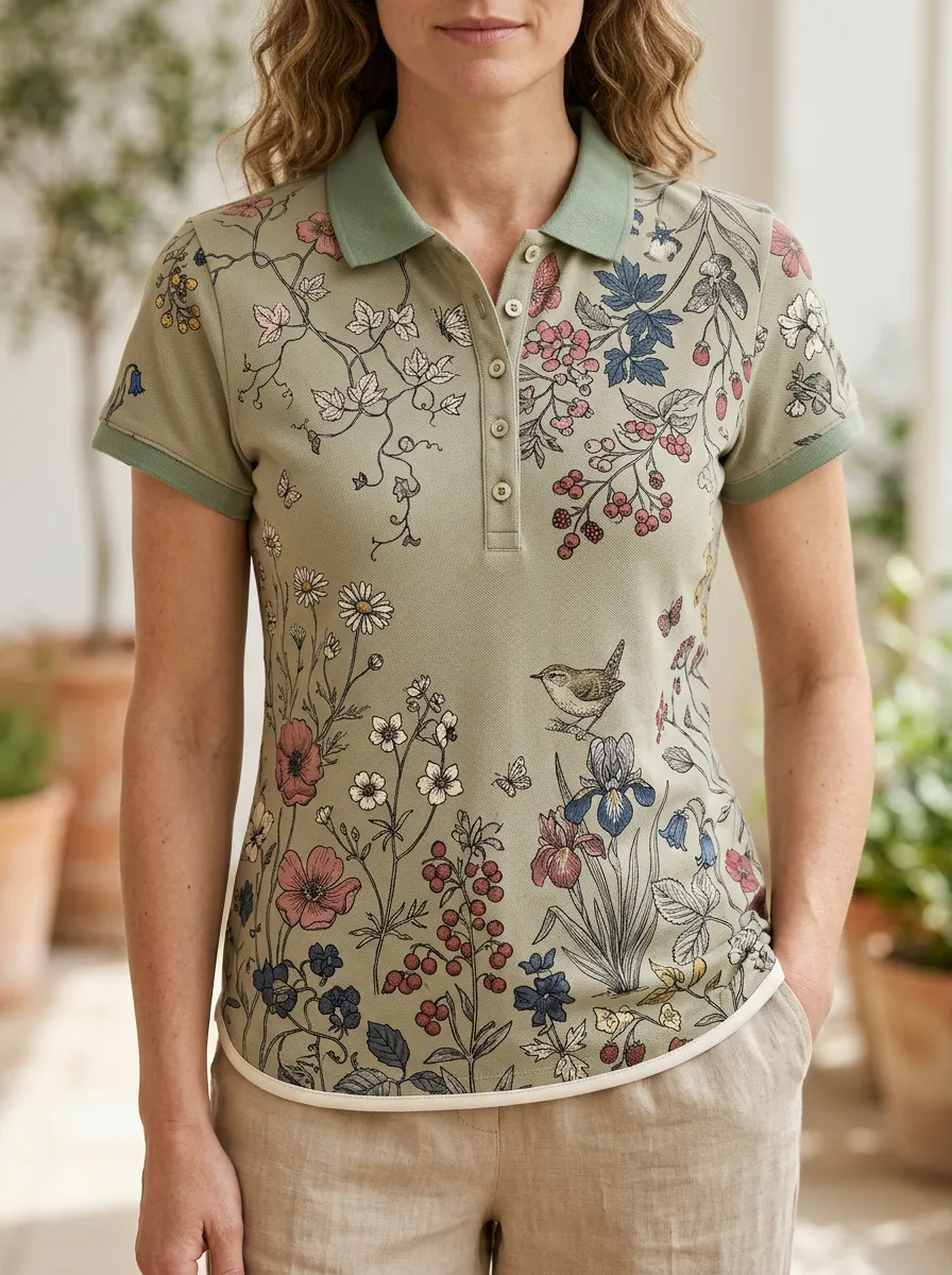 Women's Botanical Garden Bird Printed Polo Shirt