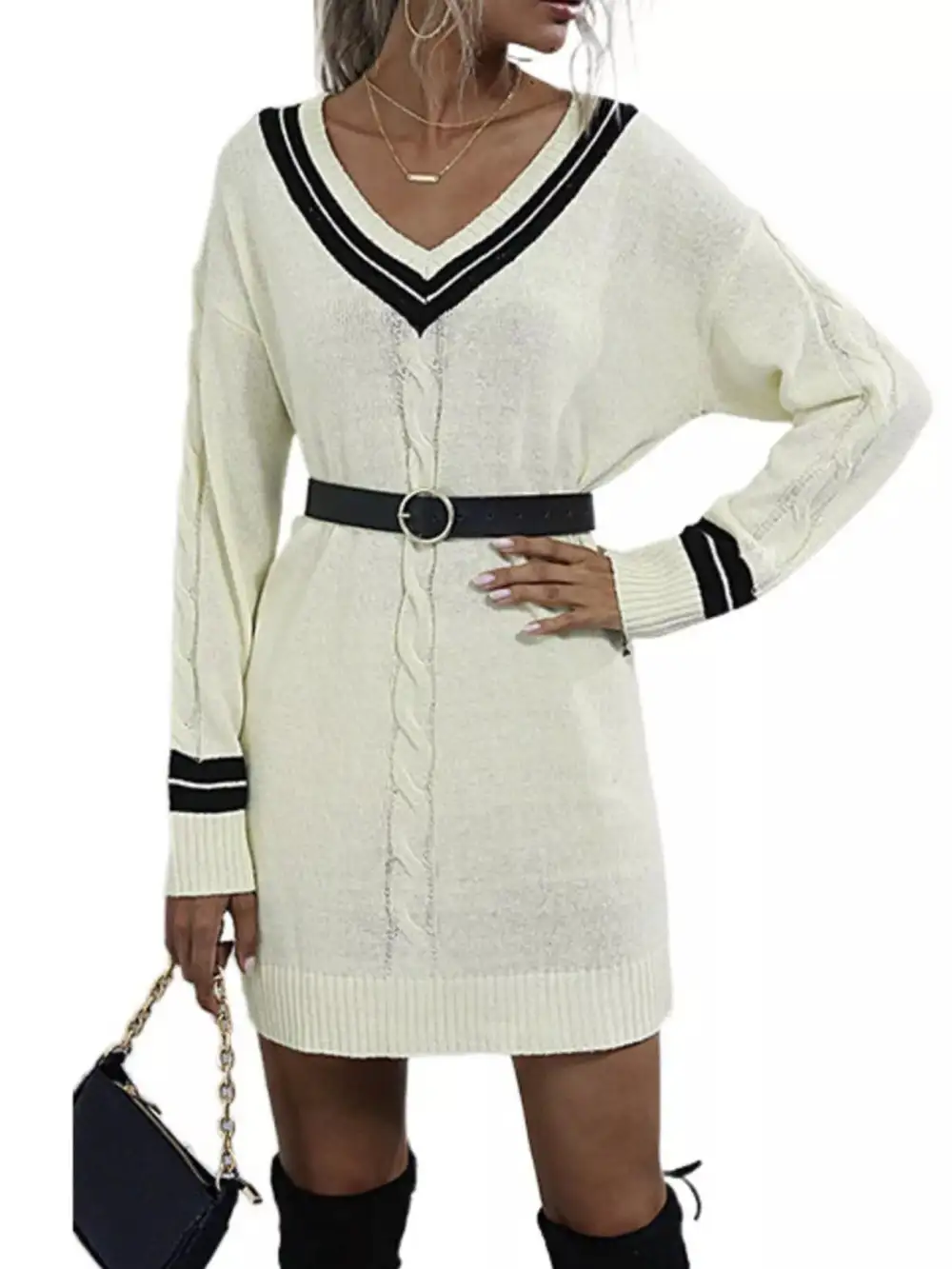 Striped Knit V Neck Sweater Dress