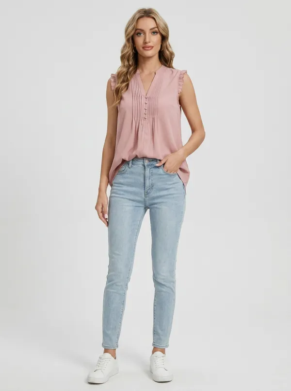 Pleated Button Front Ruffle Sleeveless Blouse