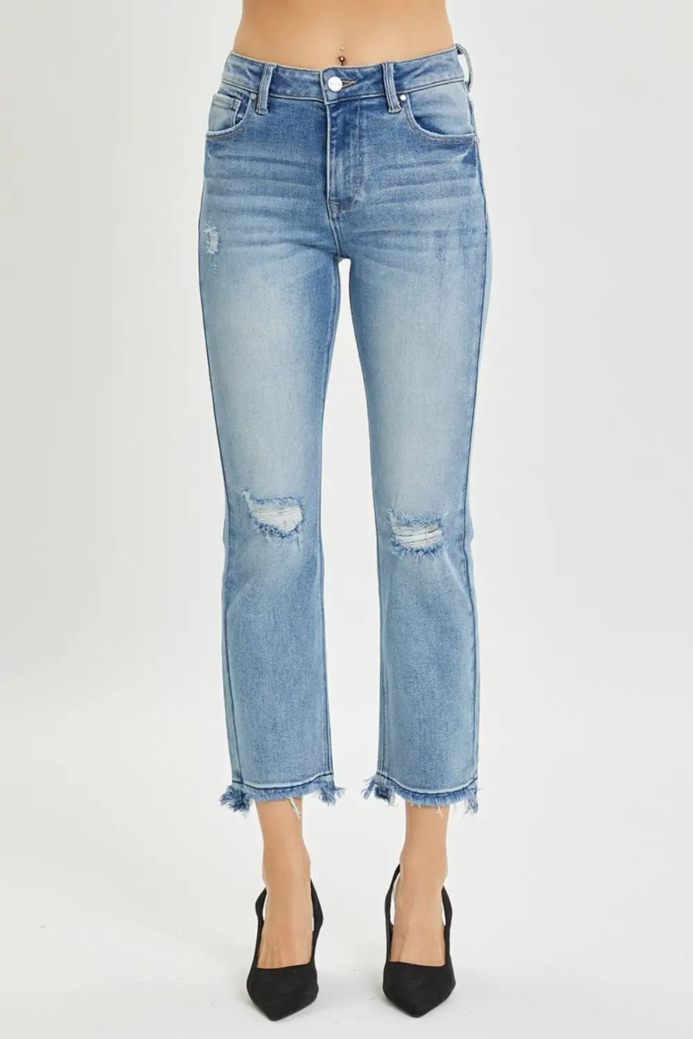 Clean High Waist Straight Leg Distressed Denim Jeans