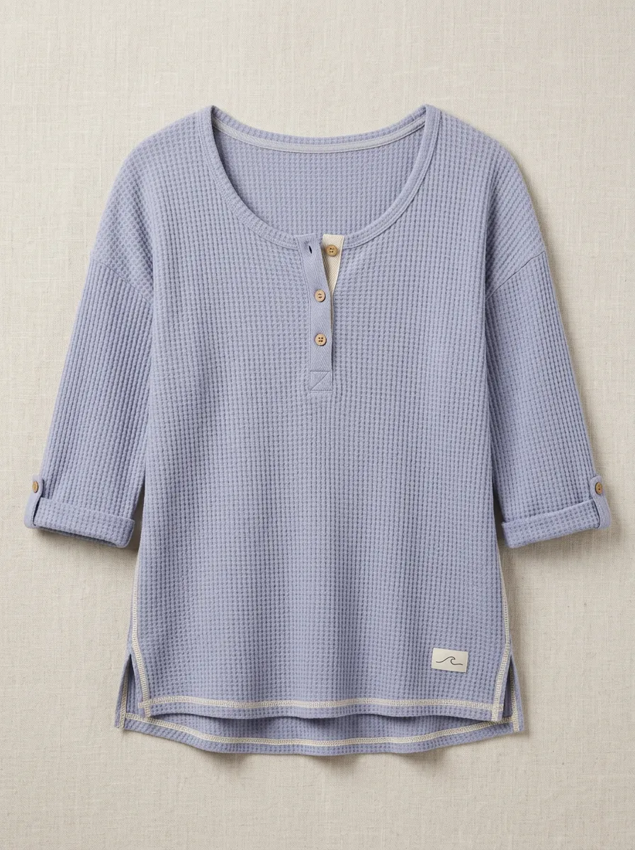 Women's Casual Beach Wave Print Waffle Knit Henley Shirt