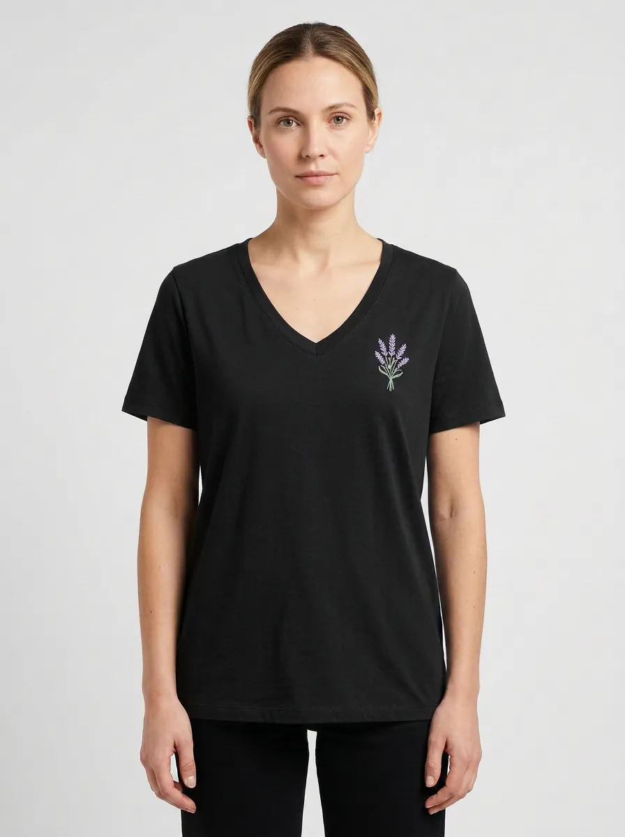 Women's Floral-Embroidered Standard-Length V-Neck T-Shirt