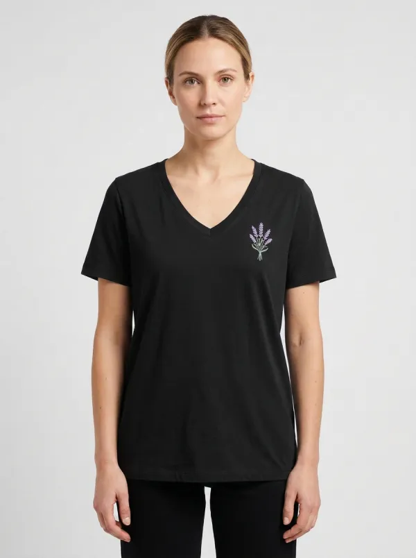 Women's Floral-Embroidered Standard-Length V-Neck T-Shirt
