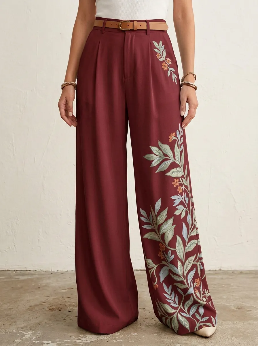 Women's Off-White Floral Print Belt Loops High-Waisted Wide-Leg Trousers