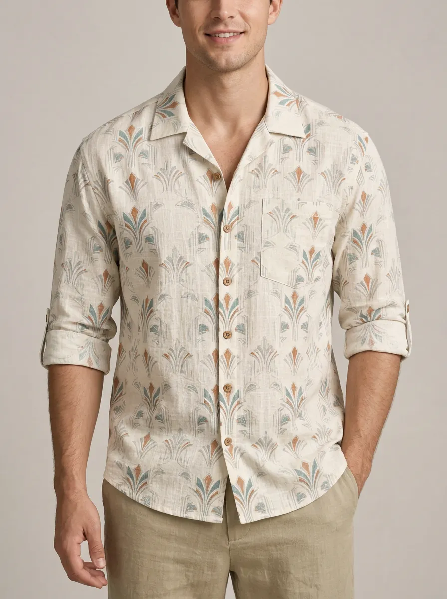 Men's Vintage Inspired Art Deco Geometric Printed Linen Shirt