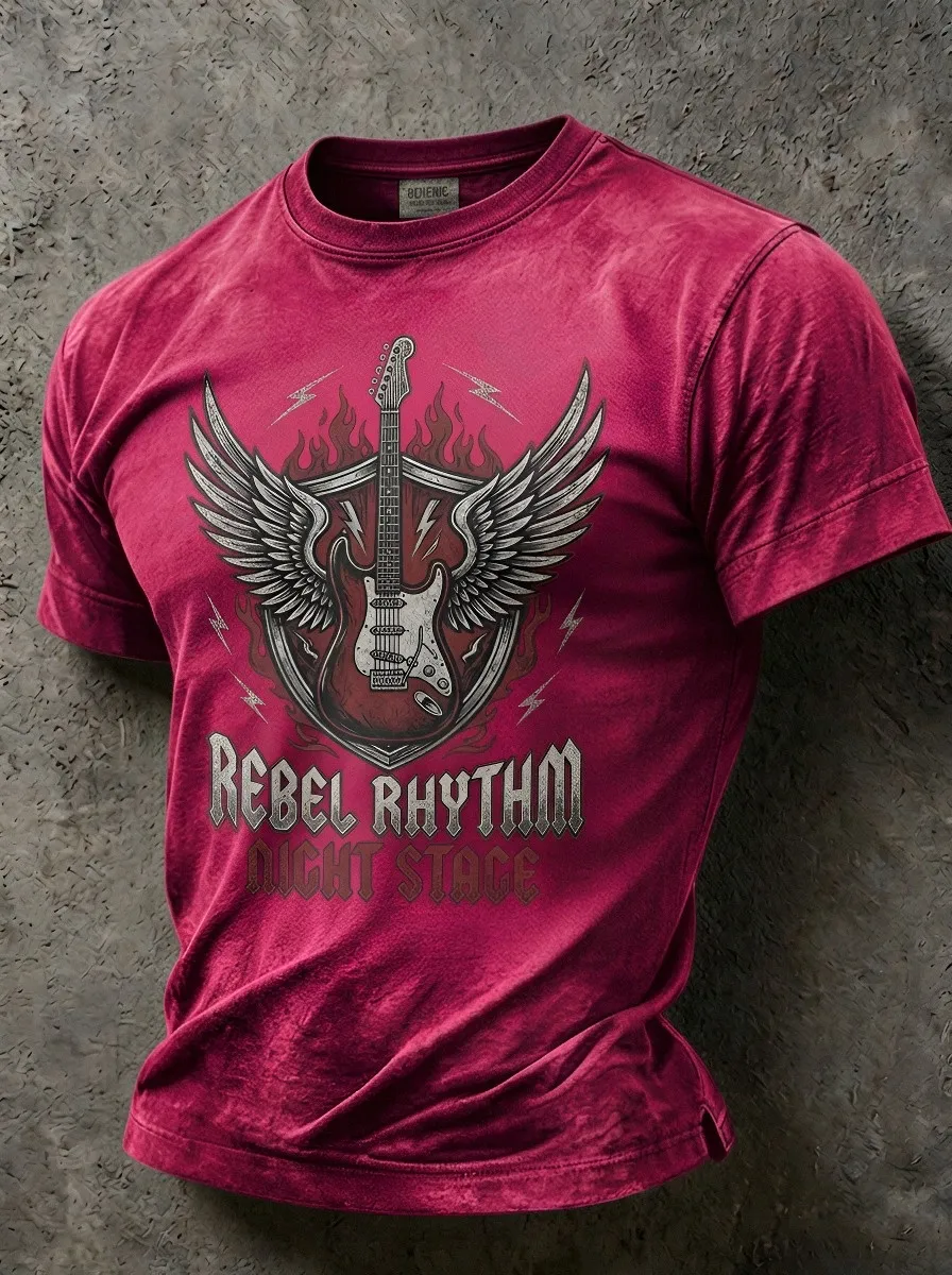 Men's Rock Music Lover Winged Guitar Flame Printed T-shirt