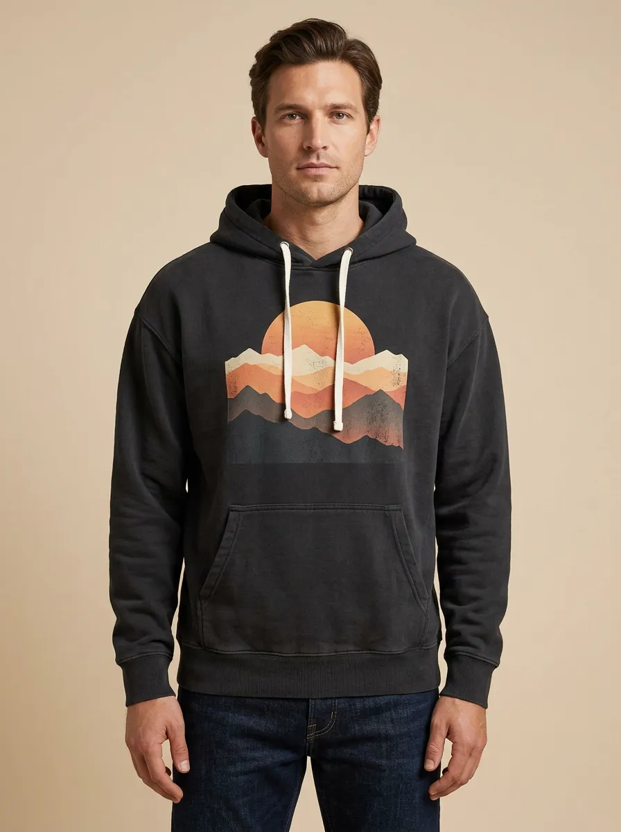 Men's Nature Lover Retro Sunset Mountain Print Hoodie