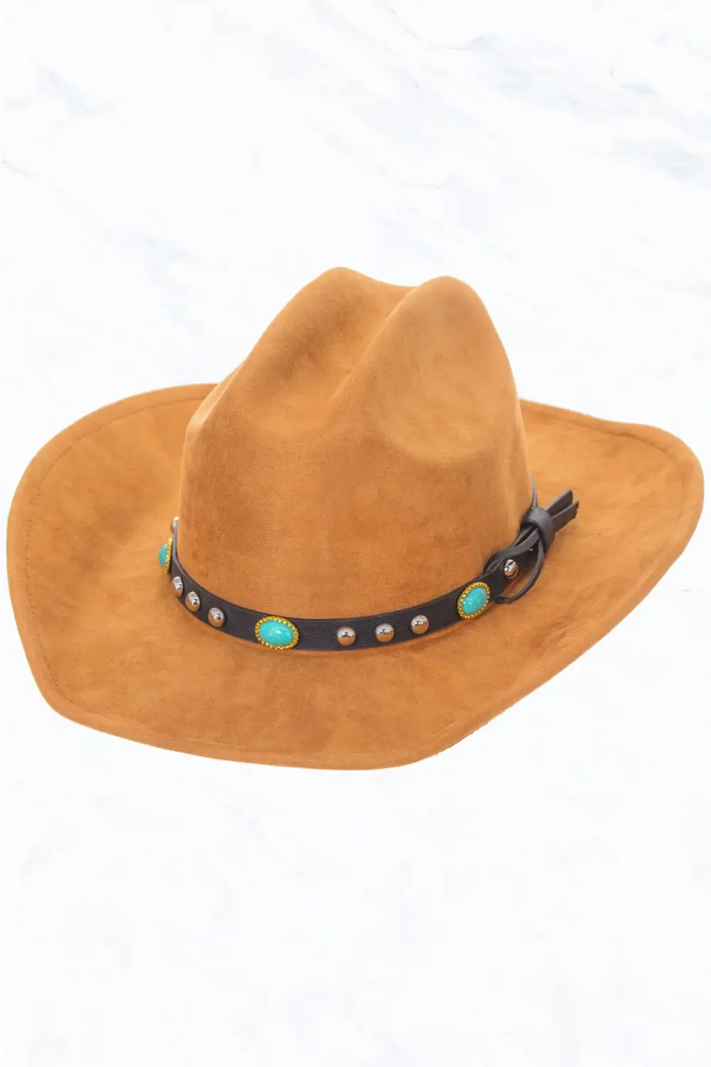 Turquoise Stone Leather Belt, Big Brim Suede Western Cowboy Fedora Hat
