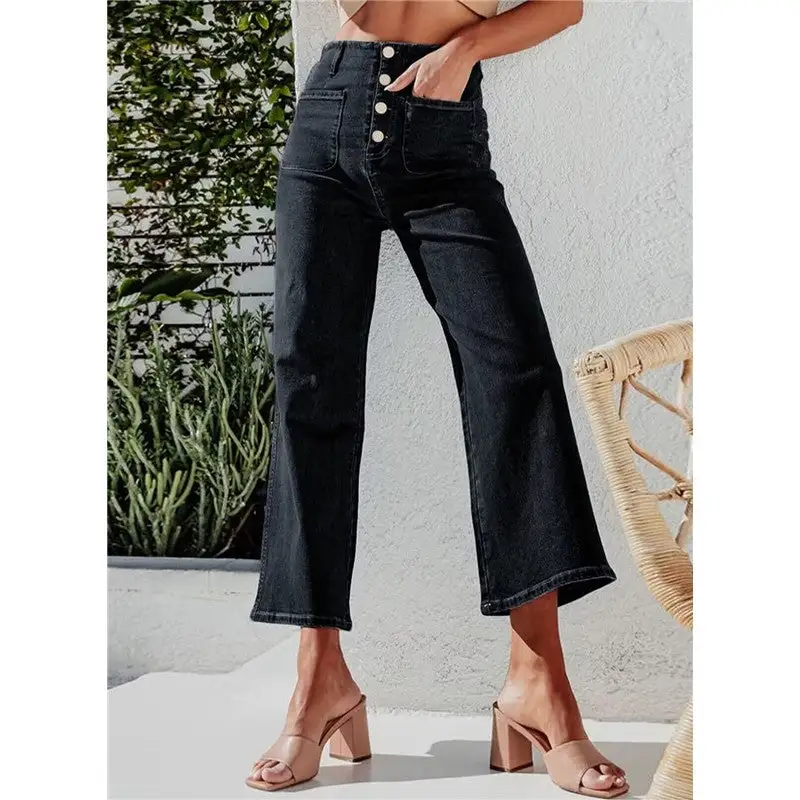 Women's High Waist Straight Leg Button Detail Jeans
