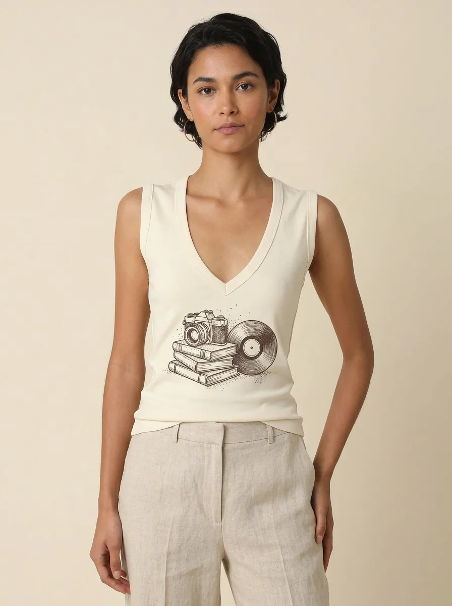 Women's Retro Hobbyist Camera Books Vinyl Record Graphic Tank Top