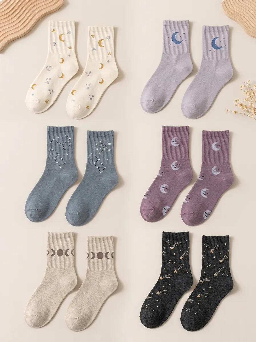 Women's Moon-Star Ribbed 6-Pack Ankle Celestial Cat Socks