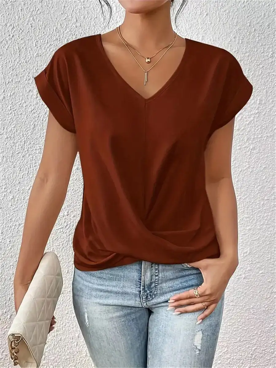 Relaxed Curve Fit Pleat Detail V-Neck Polyester T-Shirt
