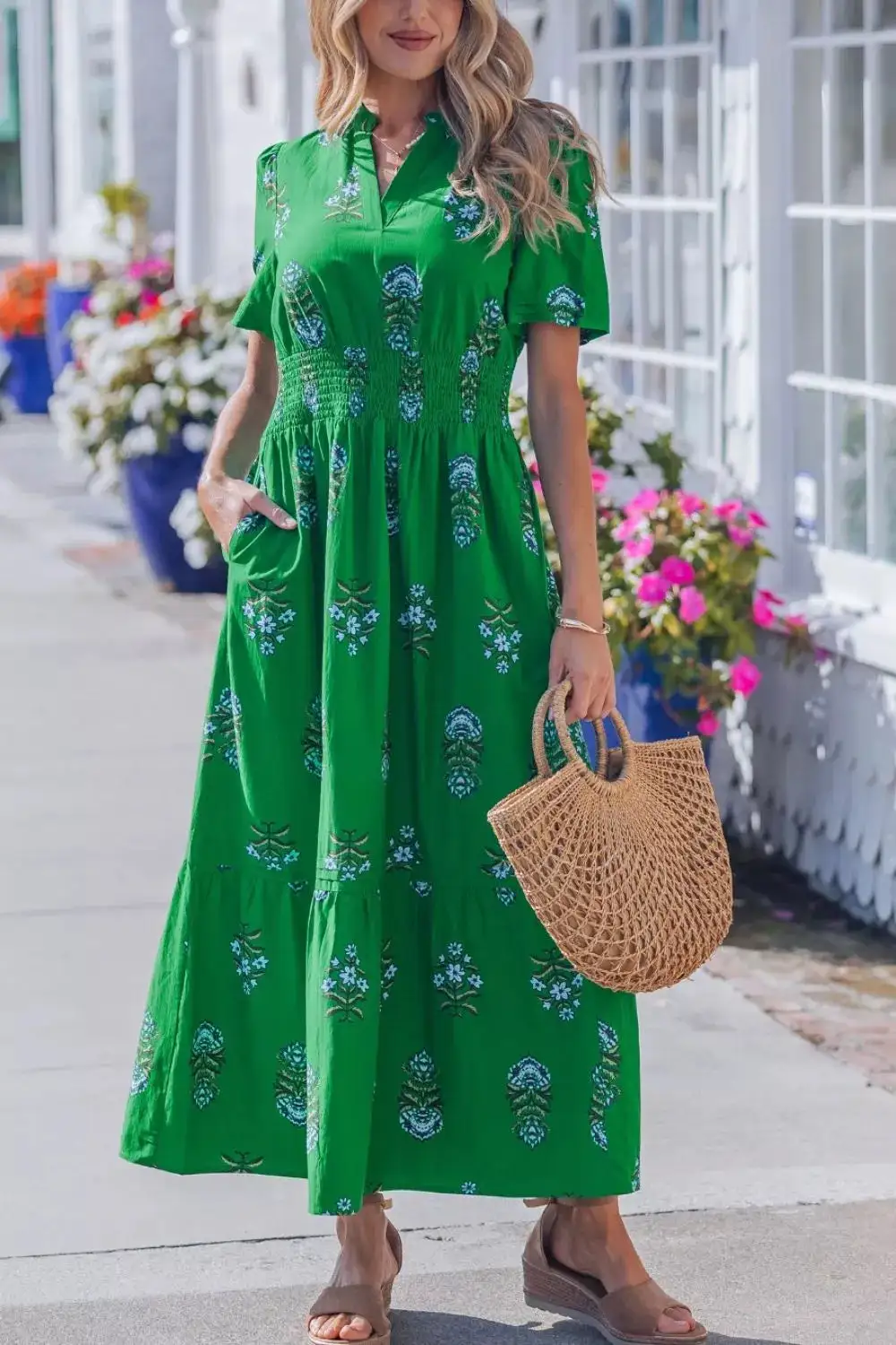 Relaxed Floral Print Smocked Waist Maxi Dress