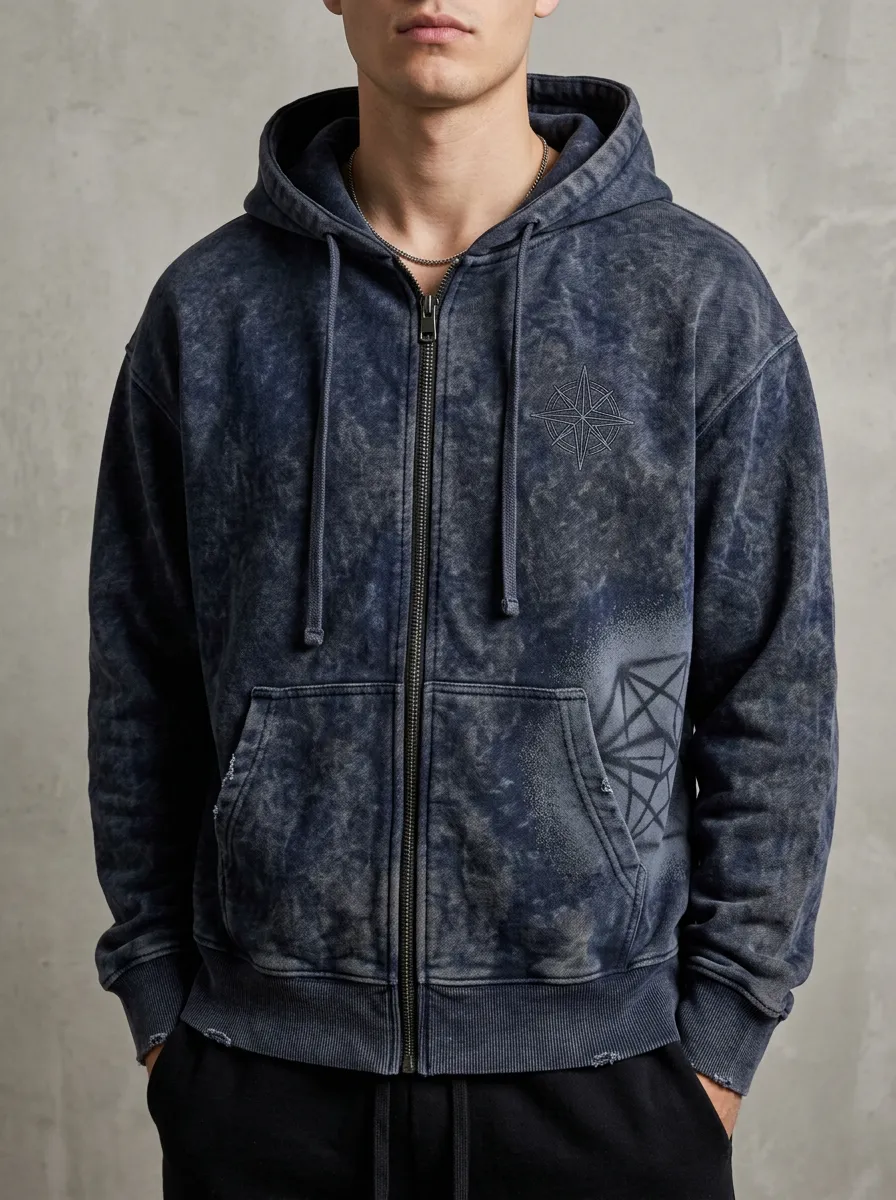 Men's Nautical Compass Geometric Printed Acid Wash Zip Hoodie