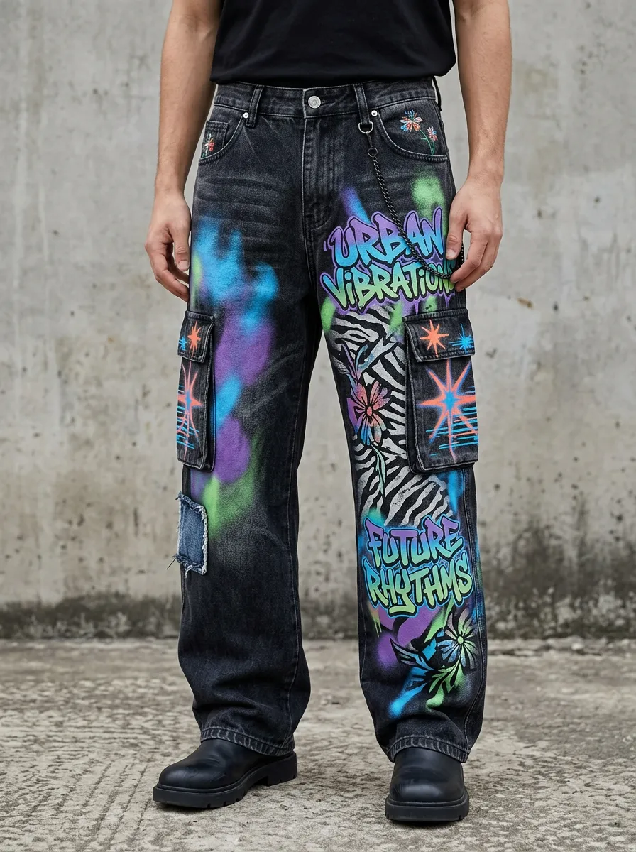 Men's Streetwear Graffiti Zebra Print Spray Paint Graphic Cargo Jeans