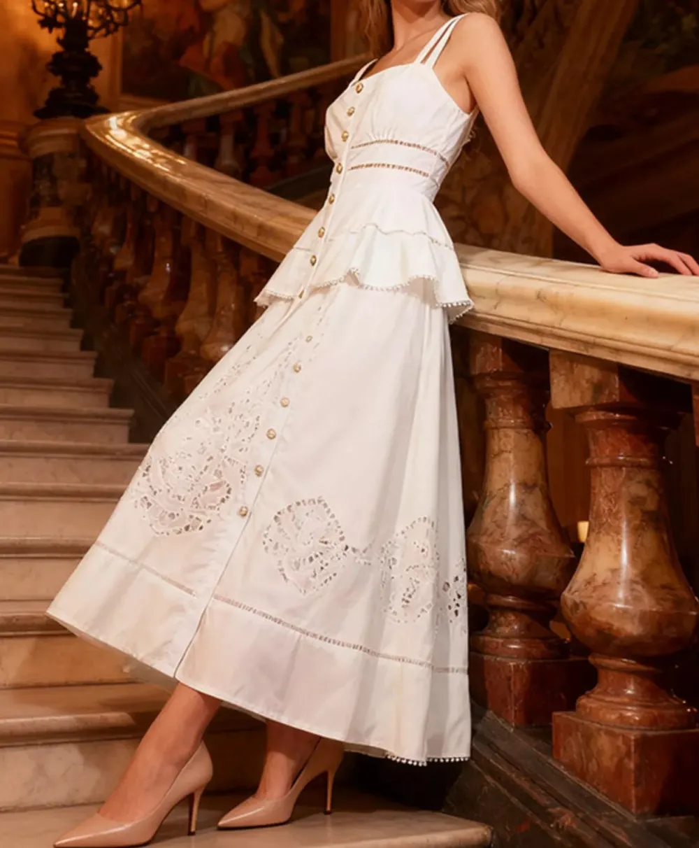 Sleeveless Eyelet Embroidered Button-Down Midi Dress