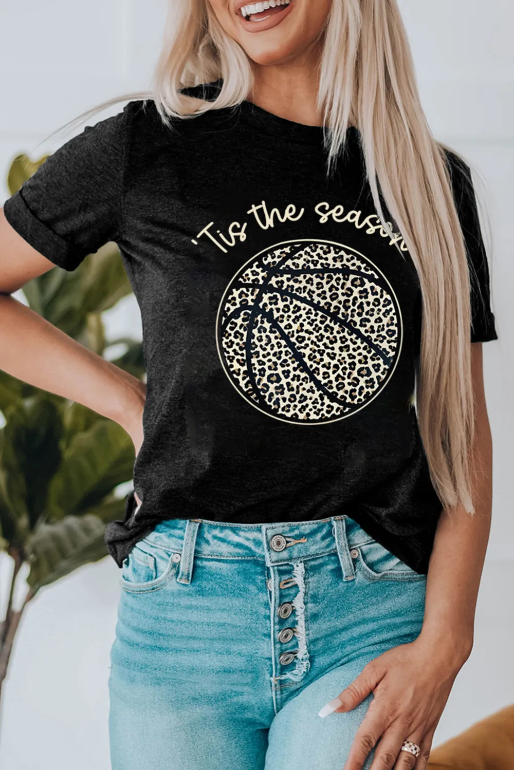 Black Leopard Basketball Printed Crew Tee