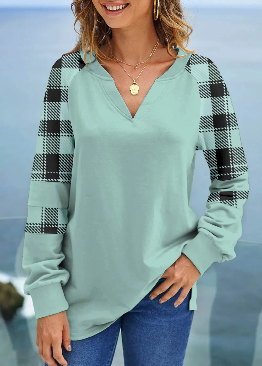 Long Sleeve Split Neck Contrast Sweatshirt