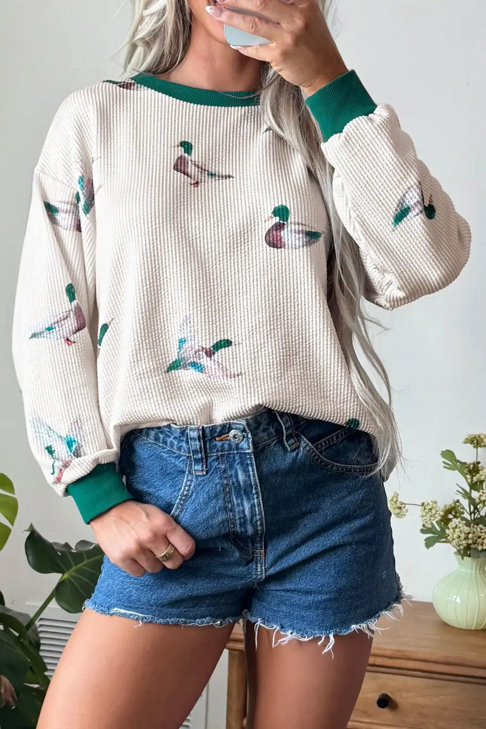 Western Print Crew Neck Ribbed Relaxed Stretch Fabric Long Sleeve Top