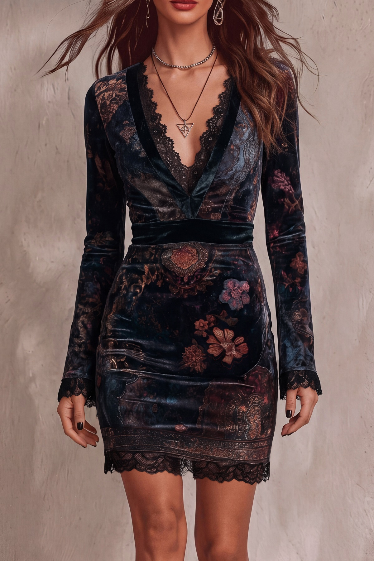 V Neck Lace Trim Lace Floral Mini Dress