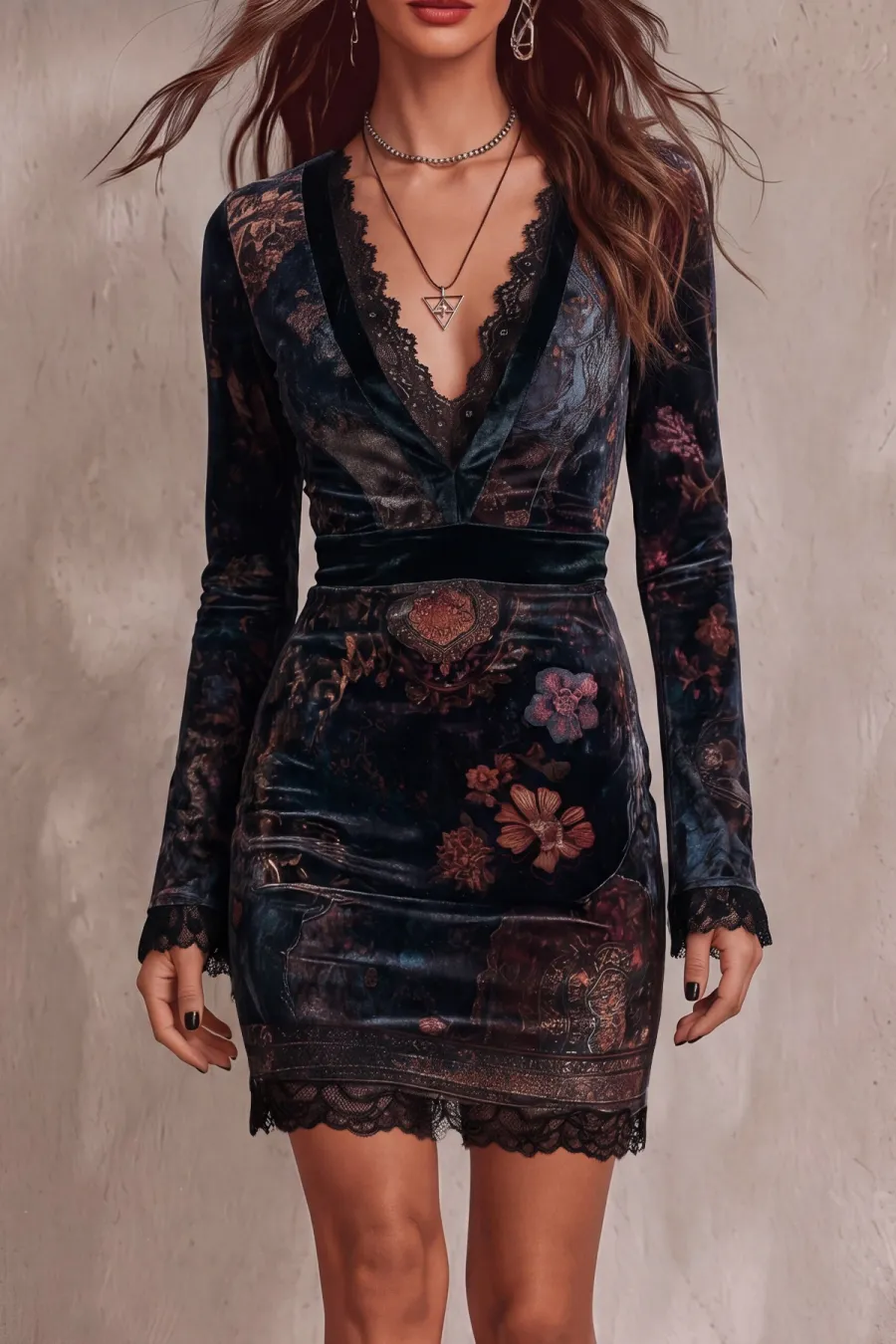 V Neck Lace Trim Lace Floral Mini Dress