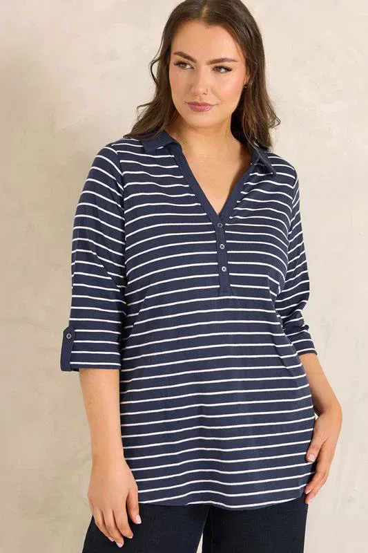 Navy Blue Stripe Pintuck Henley Top
