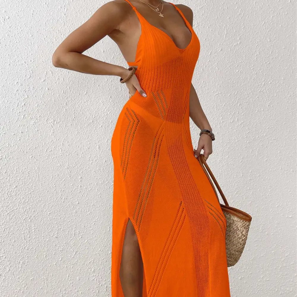 Women's V-Neck Spaghetti-Strap Mesh Slit Maxi Dress