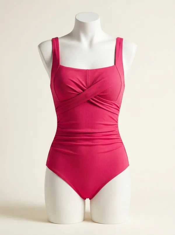 Ribbed Twist-Front Ruched One-Piece Swimsuit