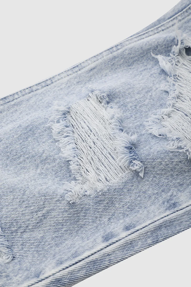 Distressed Frayed Split Hem Straight Leg Jeans