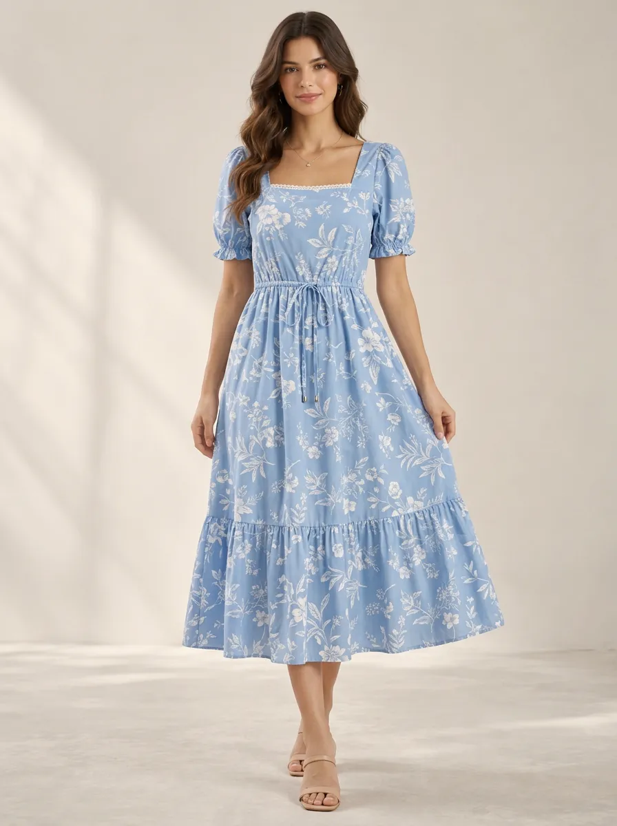 Women's Contemporary Pattern Floral Square Neck Puff Sleeve Printed Dress
