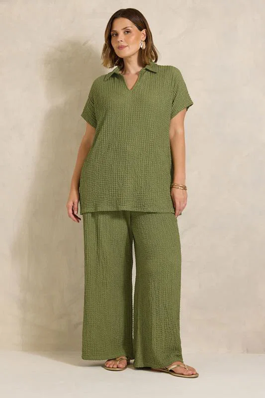 Khaki Green Crinkle Wide Leg Trousers detail 1