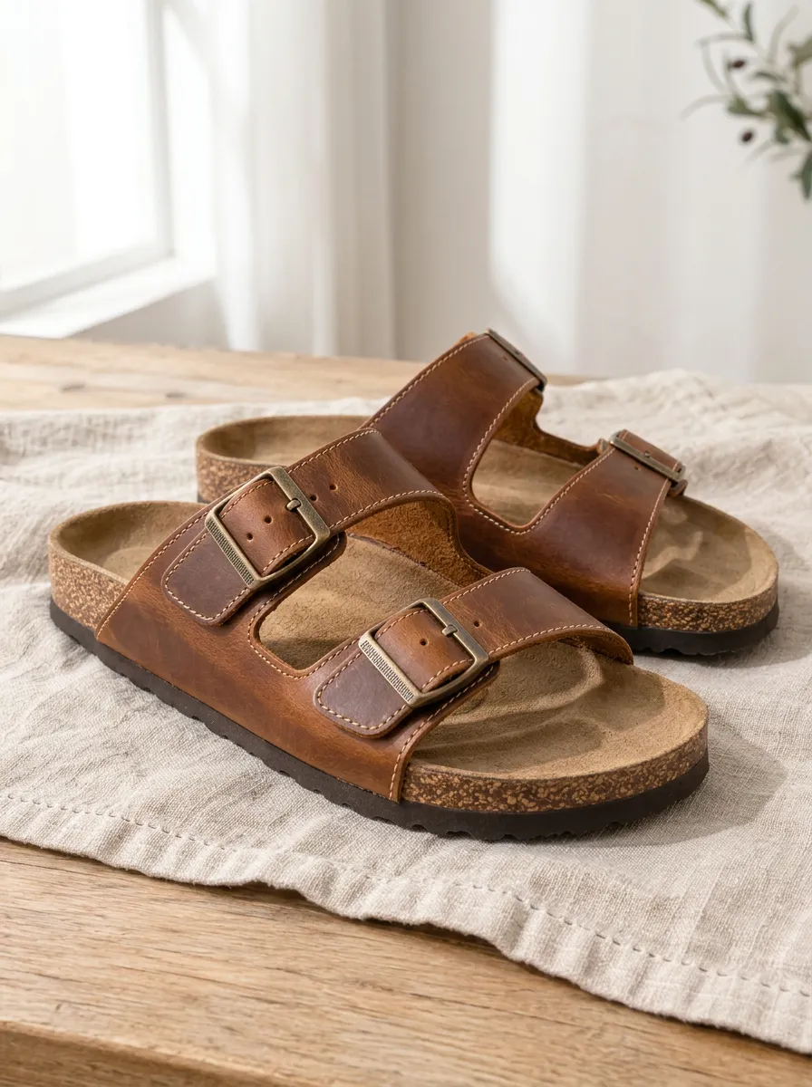 Unisex Leather Classic Twin Buckle Cork Sandals