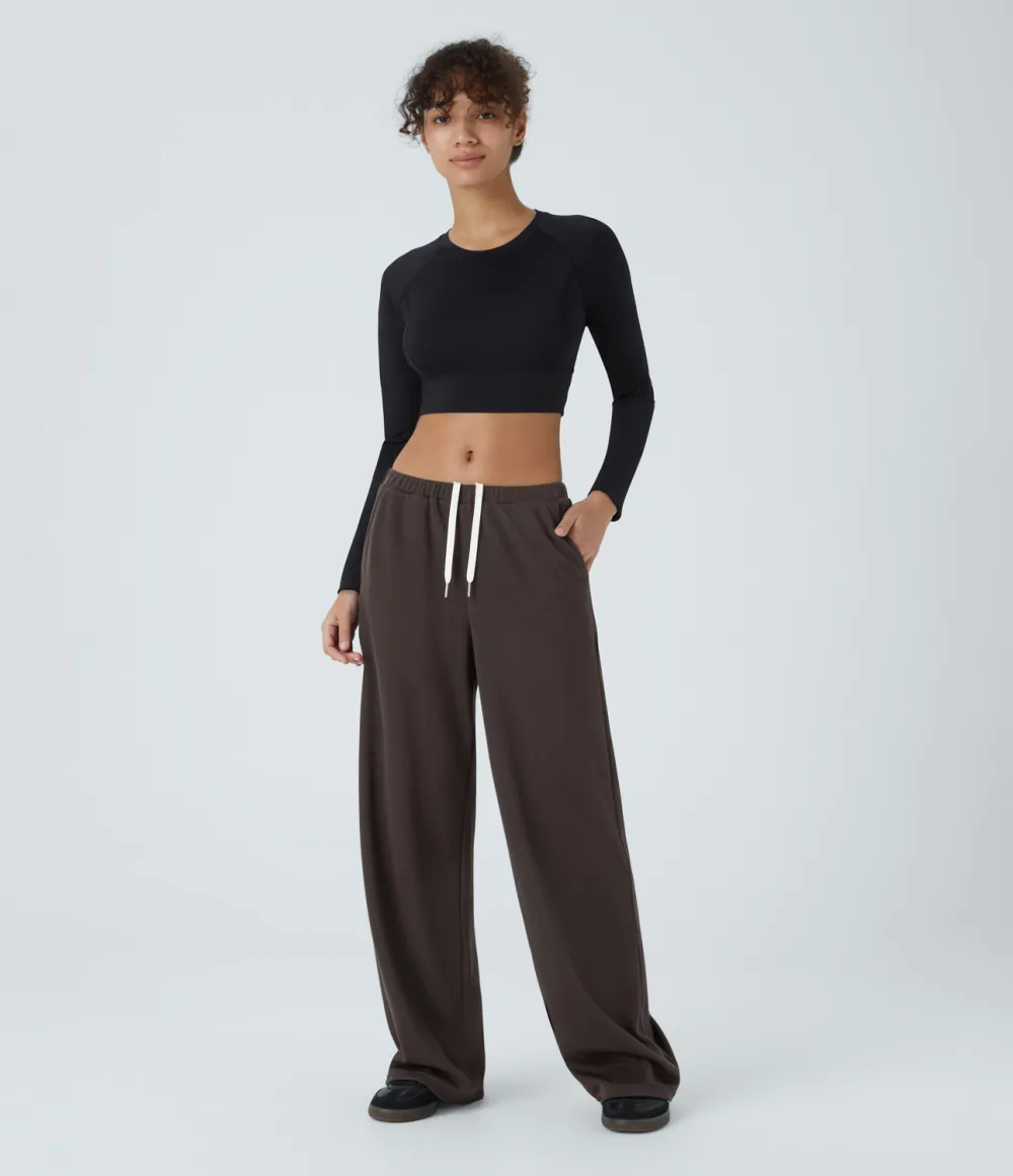 Ribbed Mid Low Rise Inside Drawstring Multiple Pockets Wide Leg Casual Pants