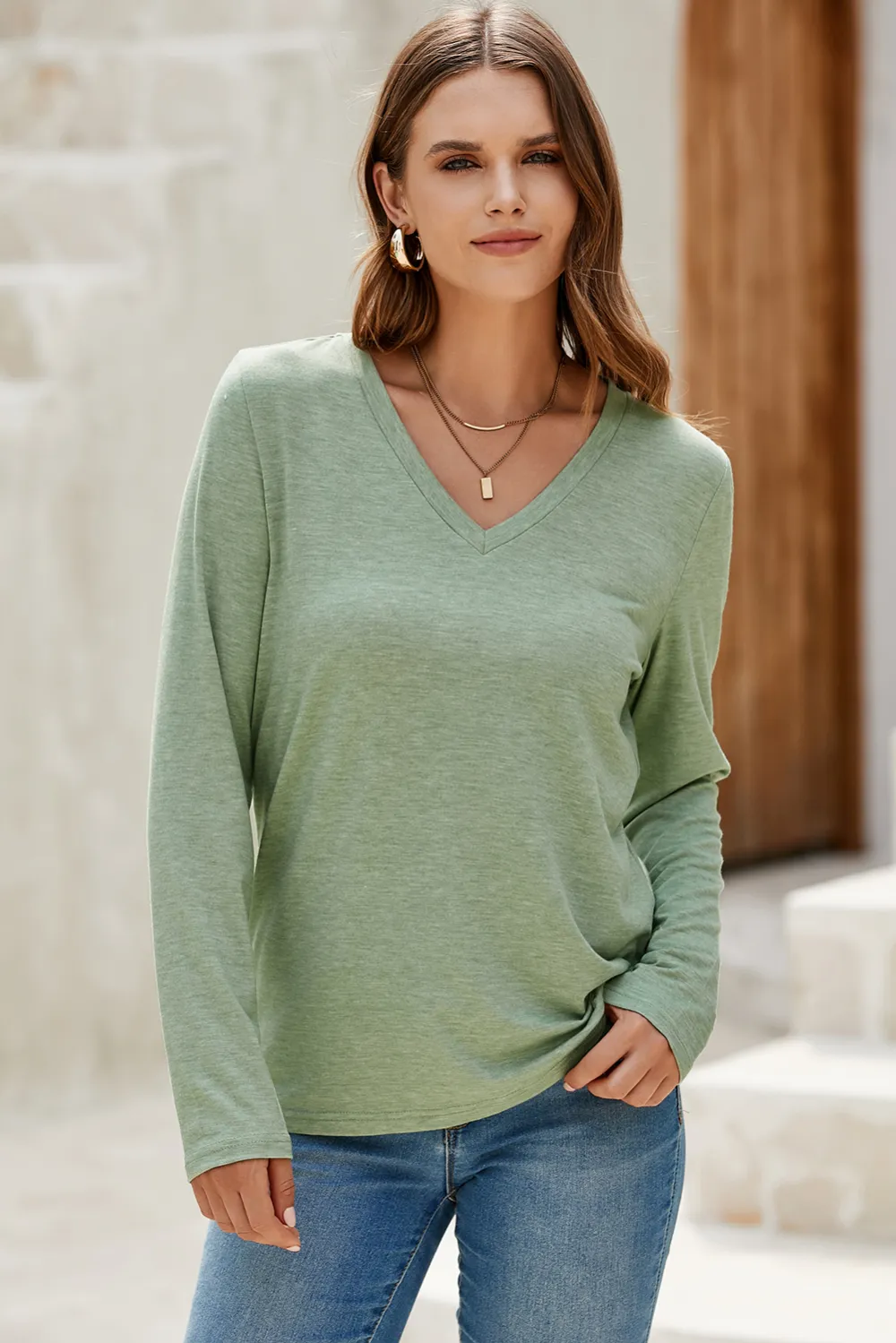Grass Green V Neck Long Sleeve Top