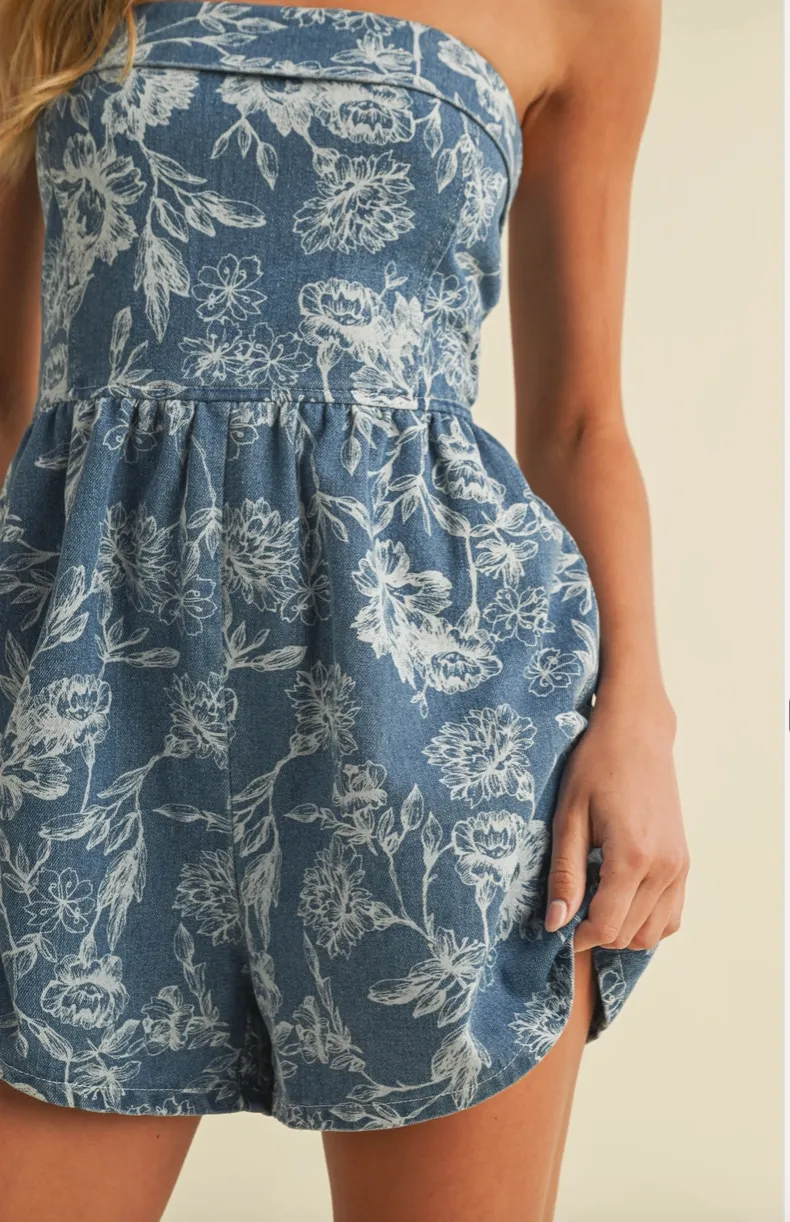 Denim Floral Print Strapless Romper