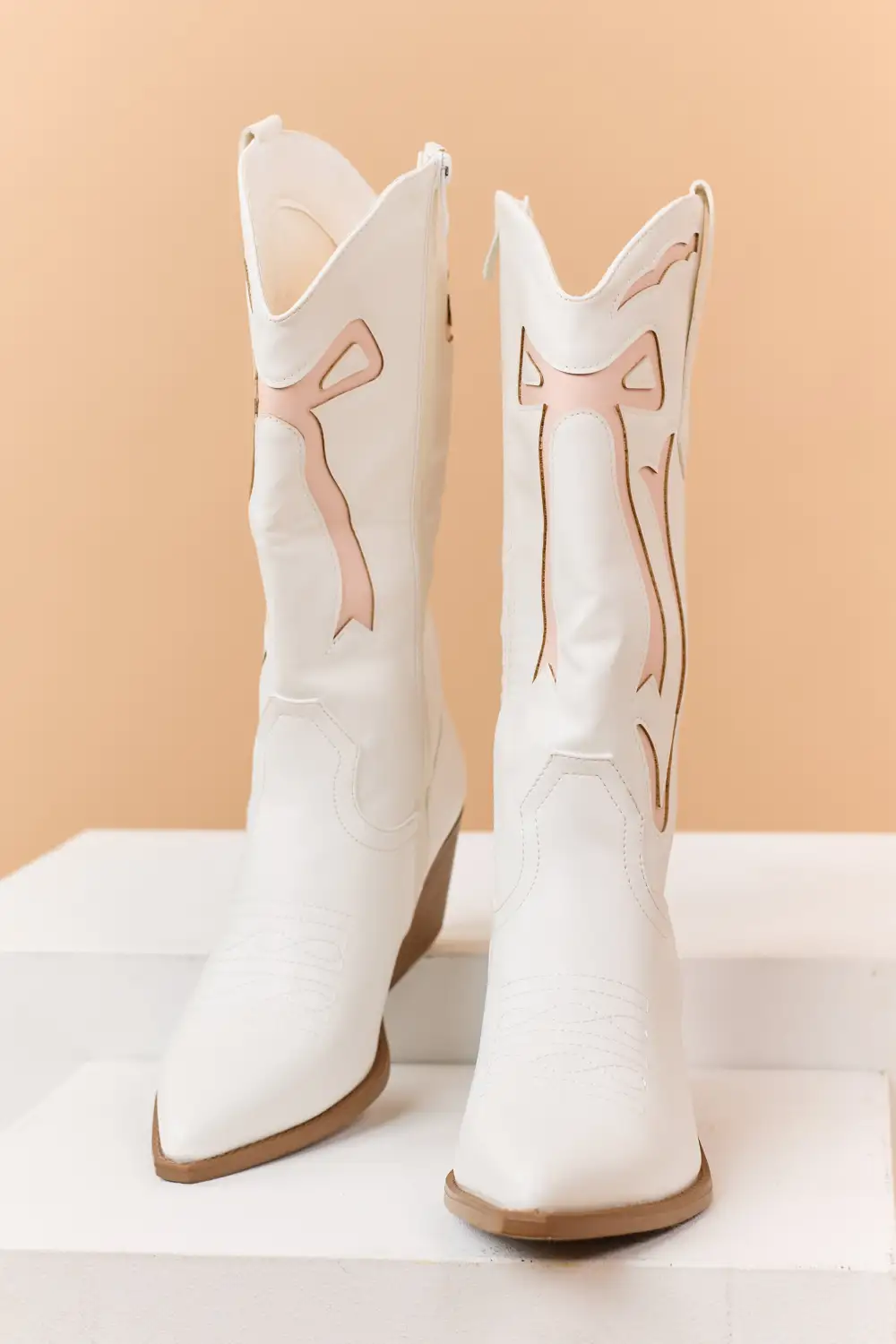 Ivory and Blush Faux Leather Western Style Boots