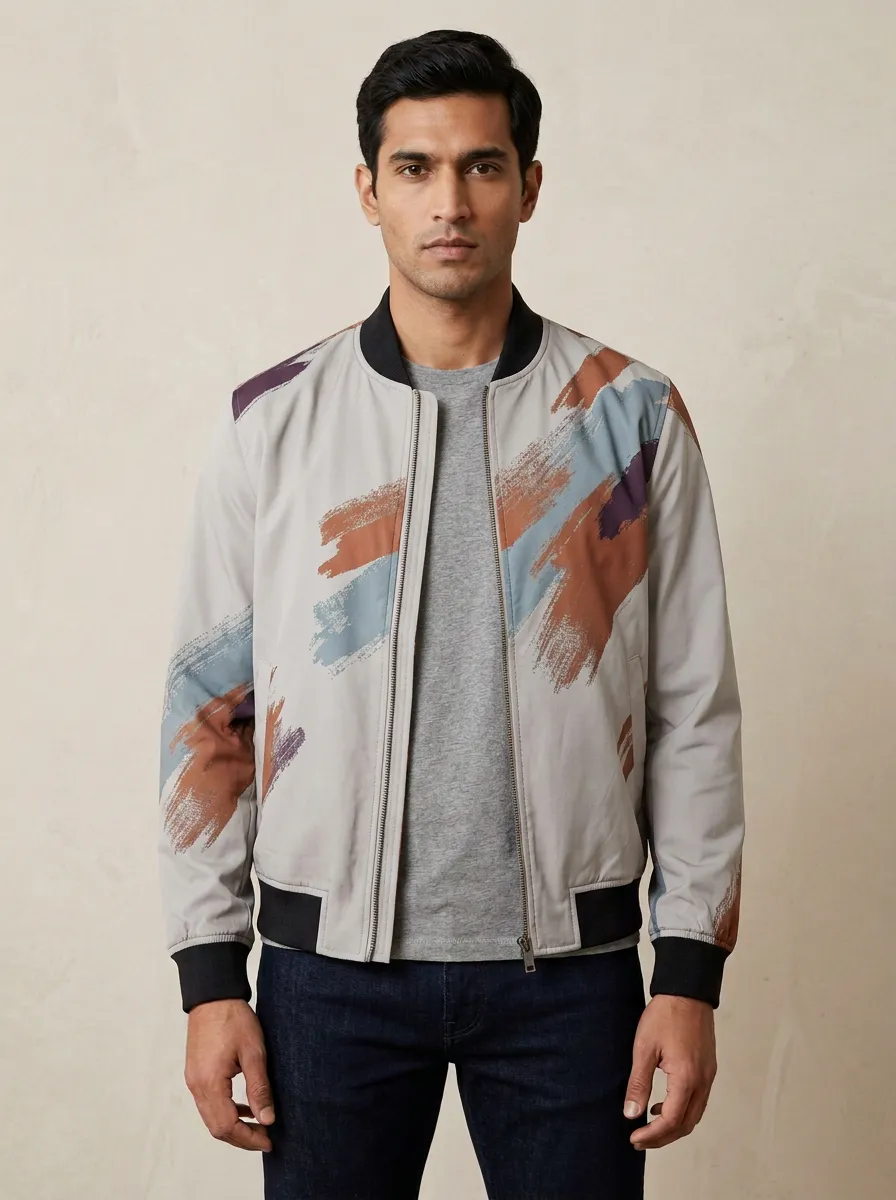 Men's Abstract Brushstroke Pattern Printed Bomber Jacket
