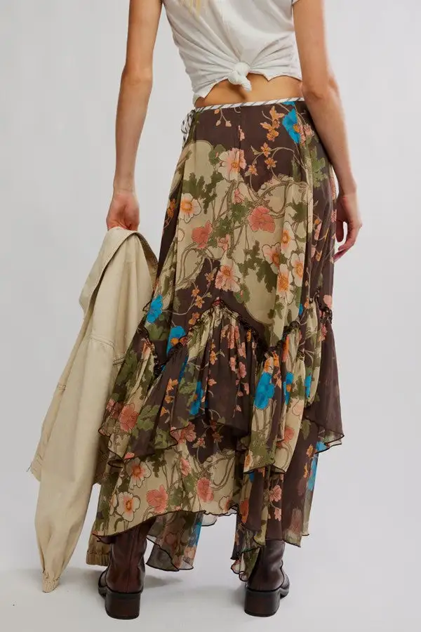 Women's Floral Print Chiffon Ruffle Maxi Skirt