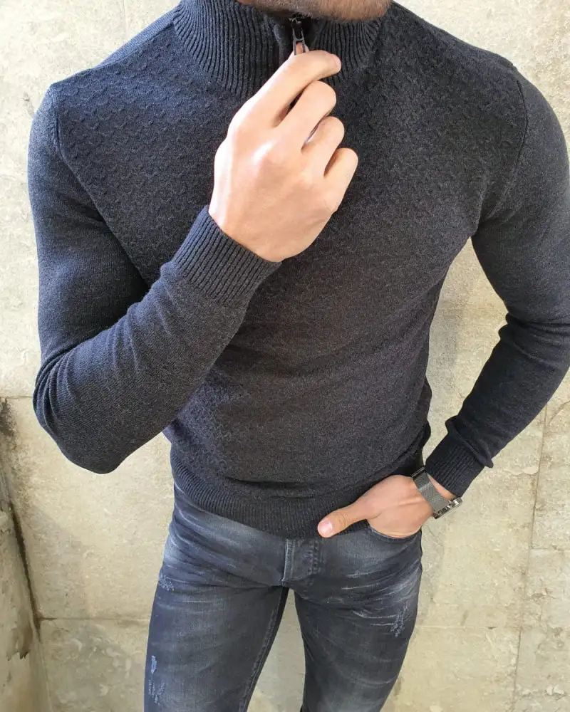 Slim Fit Zip Detail Cotton Turtleneck Sweater