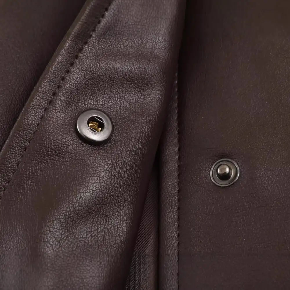 Oversized Faux Leather Stand Collar Snap Front Bomber Jacket