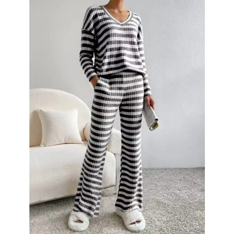 Striped Ribbed Knit Top and Pants Set