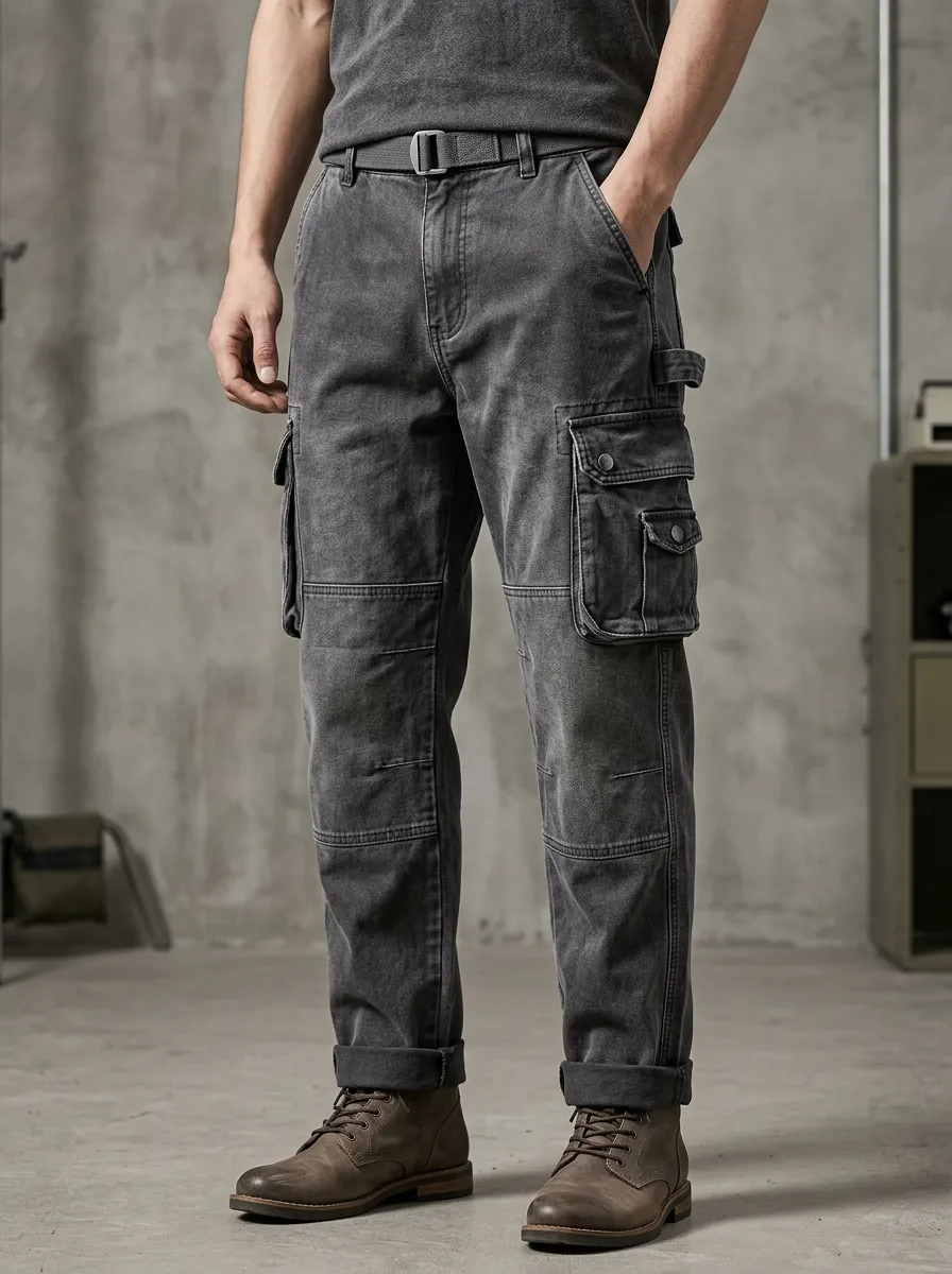 Men's Vintage Washed Multi-Pocket Utility Cargo Pants