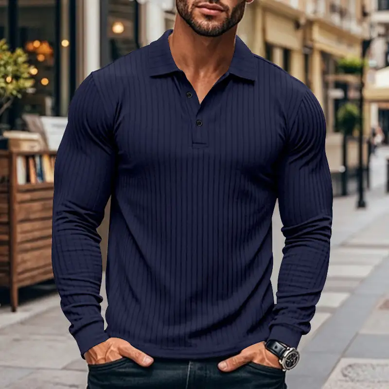 Ribbed Button Placket Spread Collar Polo Shirt