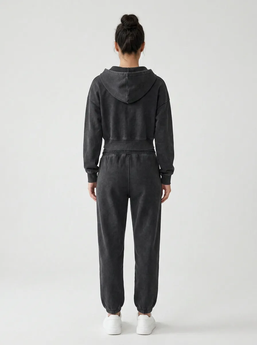 Cropped Vintage-Wash Women's Cropped Zip-Up Hoodie Jogger Active Set