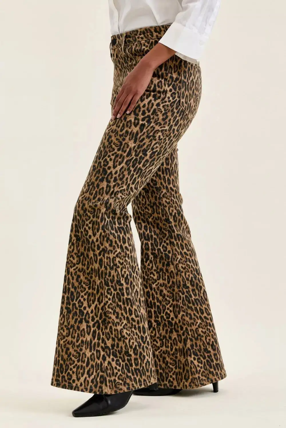 Denim Leopard Print High Rise Flared Jeans